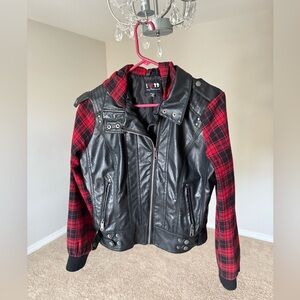 Women's Black and Red Buffalo Plaid Pleather Hooded Jacket